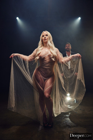 Vic Marie nude photo 02 - Vic Marie Holds A Sheer Veil Open As Manuel Ferrara Waits Behind