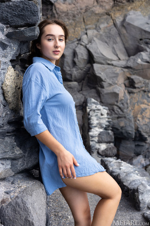 Bozhena Blue Denim Shirt Strip On Volcanic Rocks By The Ocean - Photo 00