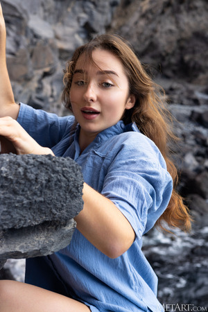 Bozhena Blue Denim Shirt Strip On Volcanic Rocks By The Ocean - Photo 01