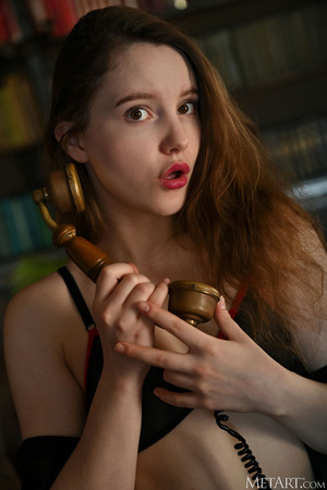 Kristi Burn nude photo 02 - Kristi Burn Strips Red Lingerie And Spreads In The Library