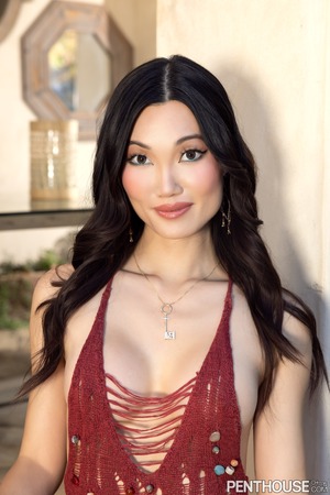 Lucy Mochi Red Lace Dress And Heels Strip On A Patio - Photo 04