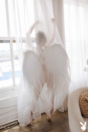 Liz In Kneels Topless In White Feather Angel Wings - Playboy nude pic 19